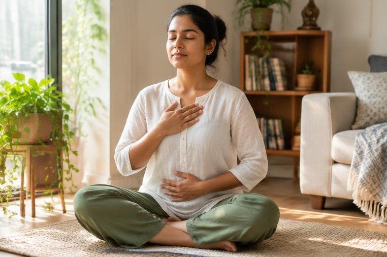 Taking a quiet moment for slow breathing at home