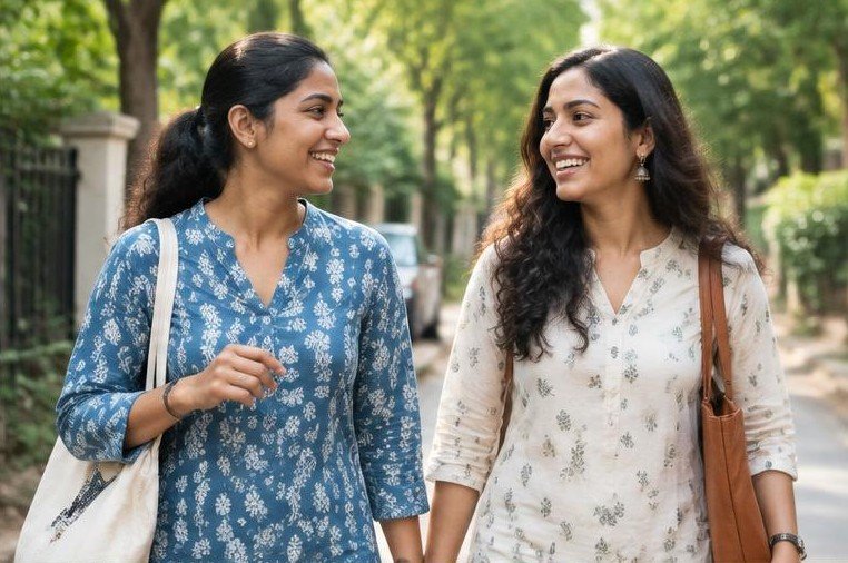 Two friends enjoying a walk and conversation