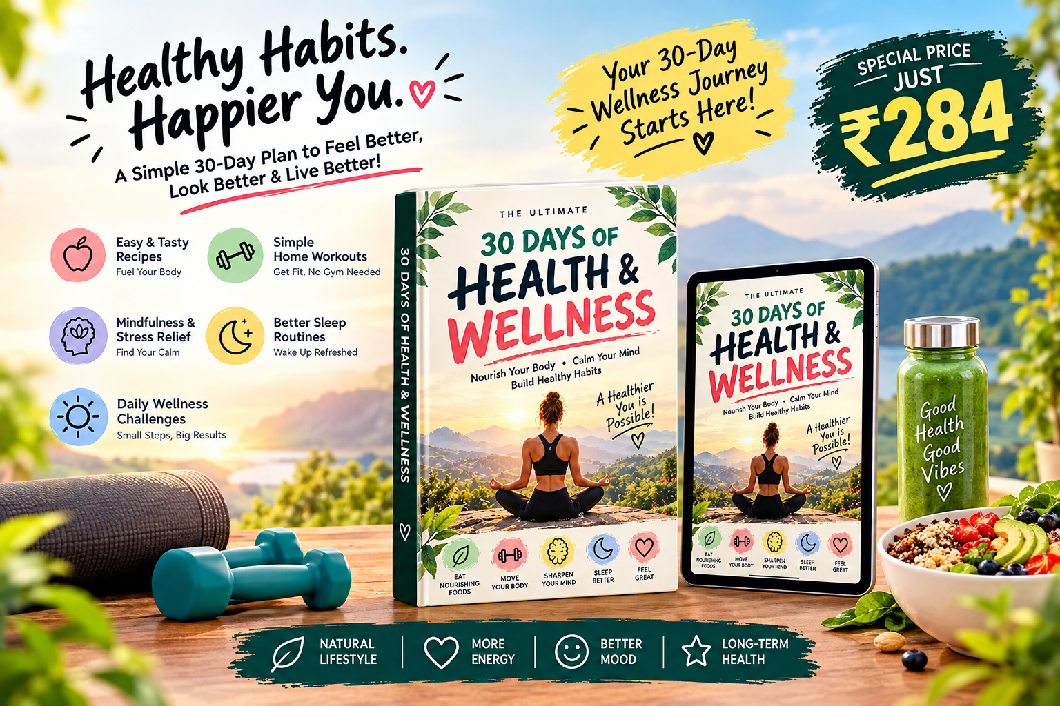 The 30 Days of Health & Wellness guide as a book and on a tablet, on a table with a yoga mat, dumbbells, a green smoothie and a salad bowl, overlooking hills at sunrise