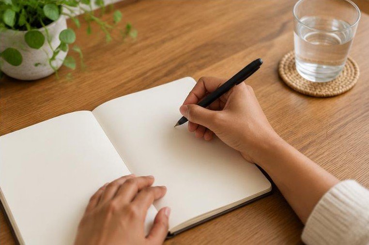 Writing daily reflections in a notebook