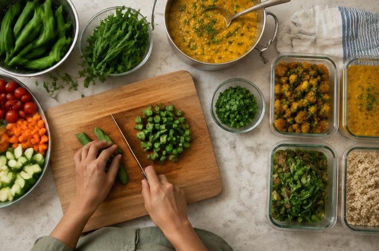 Preparing vegetables and balanced meals at home