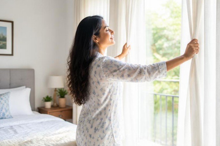 Opening the curtains for morning light