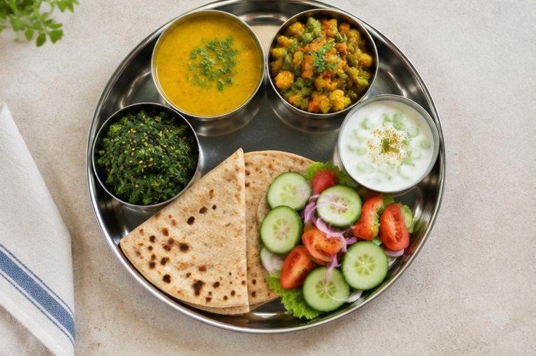 A balanced Indian thali with dal, roti and vegetables
