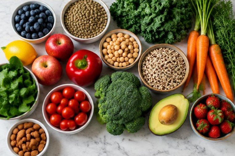 Fresh vegetables, fruit and legumes