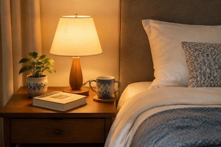 A calm bedside space with a book and reading lamp