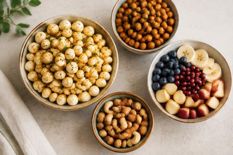 Snack bowls with makhana, chickpeas, fruit and nuts