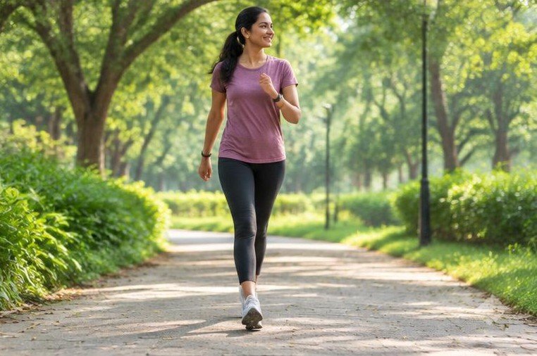 A woman walking in a leafy park